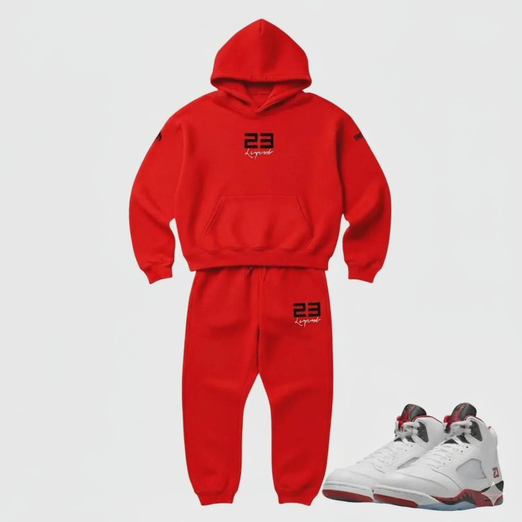 Men's Fire Red Hoodie Joggers Tracksuit Sweatsuit To Match Air Jordan Retro 5 OG